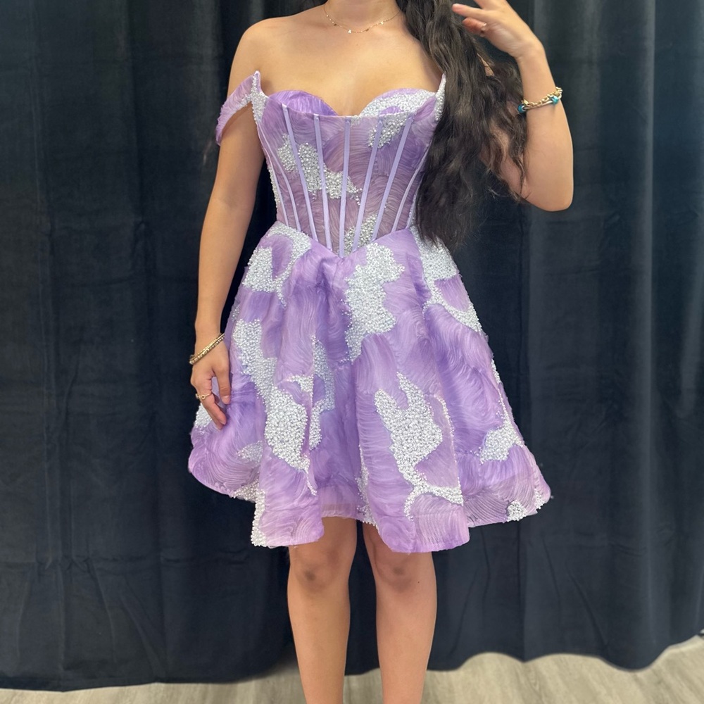 Purple Off-Shoulder Corset Embellished Flare Mini Homecoming Party Dress